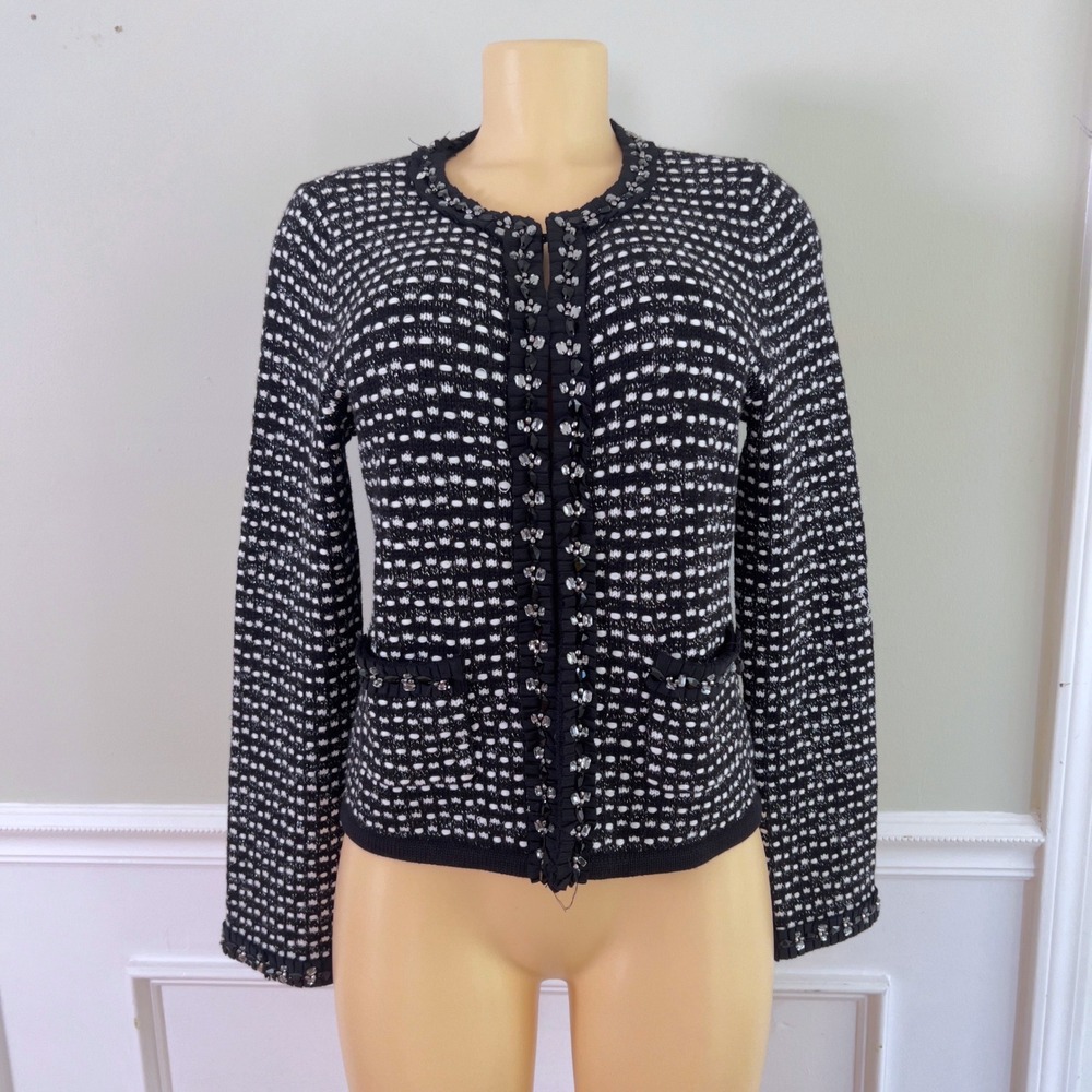White House Black Market Cardigan Women M Beaded Trim Metallic Black White Tweed